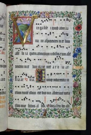 Zierseite mit Bordürenrahmen, Initiale mit Miniatur: V(iri galilei): Himmelfahrt Christi