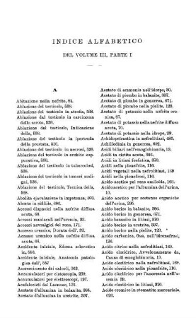 Indice alfabetico del Volume III, Parte I