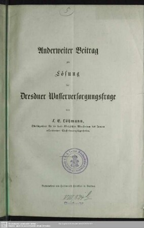 Anderweiter Beitrag zur Lösung der Dresdner Wasserversorgungsfrage