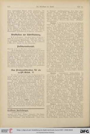 Ausstellungen / Preisausschreiben / Denkmäler / Staatsaufträge etc. / Staatsankäufe etc. / Aus Galerien und Museen / Aus Akademien und Kunstschulen / Personalien / Auszeichnungen / Todesfälle