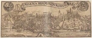 Stadtansicht von Meißen von Osten über die Elbe gesehen, mit Bezeichnungen der Gebäude und dem sächsischen und dem Meißner Stadtwappen, aus Münsters Cosmographia