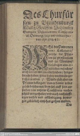 Des Churfürsten zu Brandenburgk MargGraffen Johansen Georgens Visitatien und Consistorial Ordnung