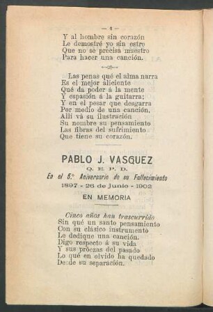 Pablo J. Vásquez - Q. E. P. D. : El en 5.° Aniversario de su fallecimiento 1897 - 26 de junio - 1902 en memoria