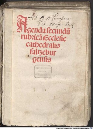 Agenda secundu[m] rubrica[m] Ecclesie cathedralis saltzeburgensis
