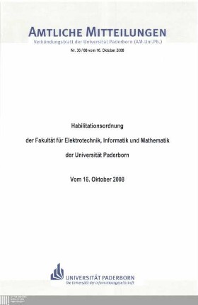 Habilitationsordnung der Fakultät für Elektrotechnik, Informatik und Mathematik der Universität Paderborn : vom 16. Oktober 2008