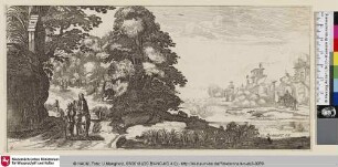 [Landschaft mit der Heiligen Familie auf der Flucht neben einem Altar, einem Jäger und Soldaten vor einer Festung im Hintergrund]