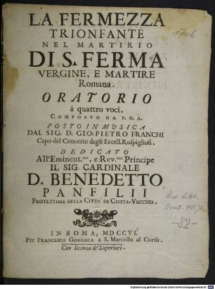 La fermezza trionfante nel martirio di S. Ferma Vergine, e Martire Romana