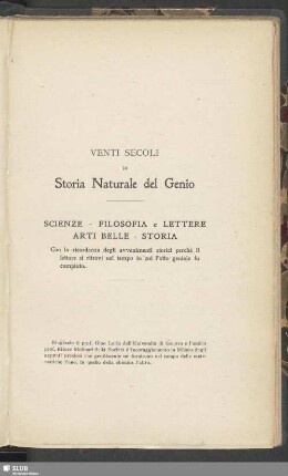 Venti Secoli Di Storia Naturale del Genio : Scienze, Filosofia e Lettere Arti Belle, Storia