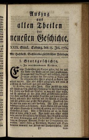 XXIX. Stück. Coburg, den 15. Jul. 1761.