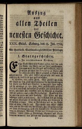 XXIX. Stück. Coburg, den 15. Jul. 1761.