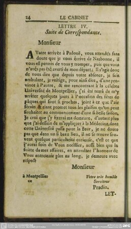 Lettre IV. Suite de Correspondance