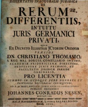 Dissertatio Inauguralis Juridica De Rerum Differentiis, Intuitu Juris Germanici Privati