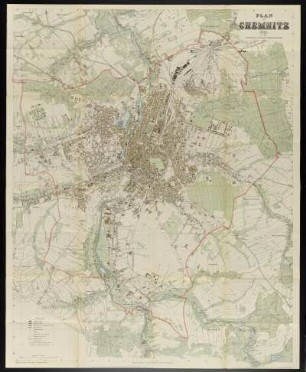 Plan von Chemnitz, 1: 10 000, Lithographie, 1913 : Plan von Chemnitz / bearb. v. Stadtbauamt. - 16. Aufl. - 1:10 000. - Leipzig : Giesecke u. Devrient, 1913. - 1 Kt. : mehrfarb. Lithogr. ; 87 x 109 cm. - Mit Straßenverz. und Gebäudekennung
