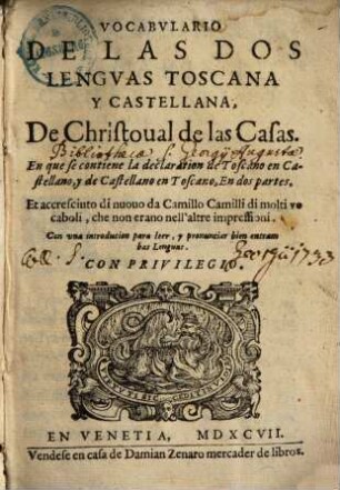 Vocabvlario De Las Dos Lengvas Toscana Y Castellana