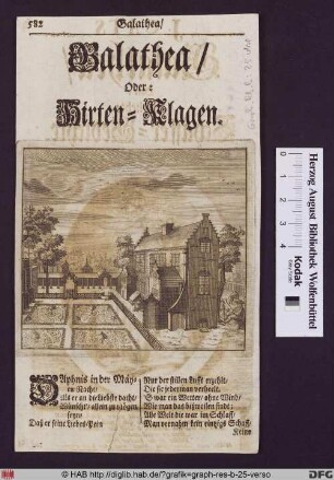 Haus mit einer barocken Gartenanlage, hinter dem Haus rastender Hirte mit Tieren.