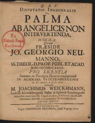 Disputatio Inauguralis De Palma Ab Angelicis Non Intervertenda, ex Col. II, 18.