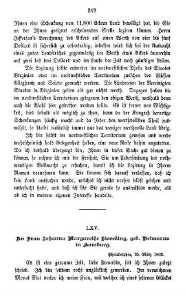 LXV. An Frau Johanna Margarethe Sieveking, geb. Reimarus in Hamburg.