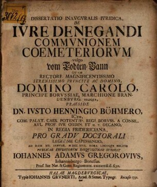 Dissertatio Inavgvralis Ivridica, De Ivre Denegandi Commvnionem Coemeteriorvm vulgo vom Todten-Bann