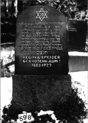 Grabstein 598 (Index: 100092007) Material: Granit Zustand: gut Maße HxBxT: 148x78x34 cm Beschreibung: aufgesockelte Stele mit ungeradem Rundbogenabschluß Symbolik: Davidstern: Grabstein 598