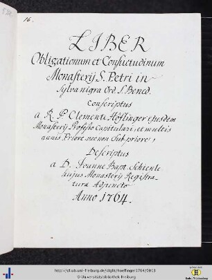 Liber Obligationum et Consuetudinum Monasterij S. Petri in Sylva nigra Ord. S. Bened.