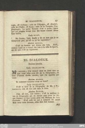 XII. Dialogue. Dixème journée.
