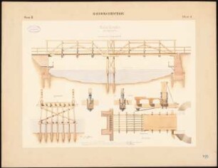 Holzbrücke mit Doppeljoch: Ansicht, Längsschnitt und Querschnitt, Grundriss