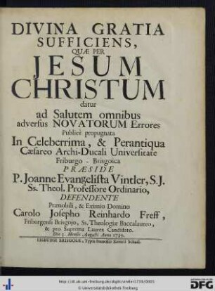 Divina Gratia Sufficiens, Quae Per Jesum Christum datur ad Salutem omnibus adversus Novatorum Errores