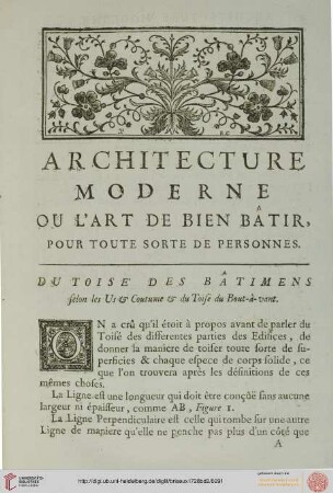 Architecture moderne ou l'art de bien bâtir [...]. Du toise des bâtiments [...].