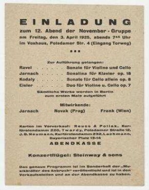 12. Abend der Novembergruppe. Berlin. Einladung und Programm zum zwölften. Abend der Novembergruppe, 3. April 1925, im Voxhaus, Potsdamer Str. 4.