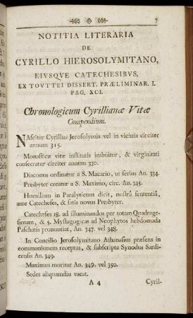 Notitia Literaria De Cyrillo Hierosolymitano, [...]