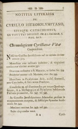 Notitia Literaria De Cyrillo Hierosolymitano, [...]
