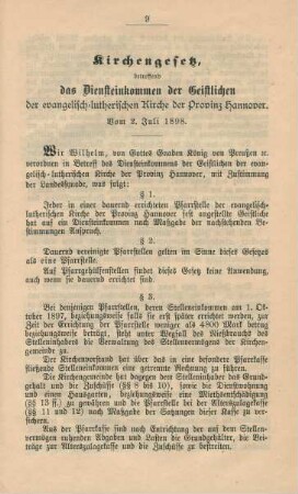 Kirchengesetz, betreffend das Diensteinkommen der Geistlichen der evangelisch-lutherischen Kirche der Provinz Hannover. Vom 2. Juli 1898.