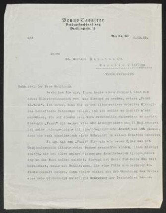Brief von Bruno Cassirer von Verlag Bruno Cassirer <Berlin> an Gerhart Hauptmann