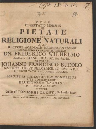 Dissertatio Moralis De Pietate Seu Religione Naturali