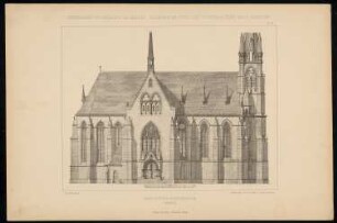 Einschiffige Kreuzkirche: Südseite (aus: C. Schäfer, Die Bauhütte, Entwürfe im Stile des Mittelalters, 1. Bd., 1883, Tafel 15)