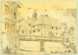 Grötzingen Blick auf Balkenbrücke über die Pfinz mit Rathaus im Hintergrund