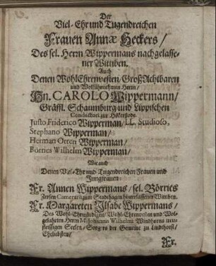 Der Viel-Ehr und Tugendreichen Frauen Annæ Heckers/ [...]