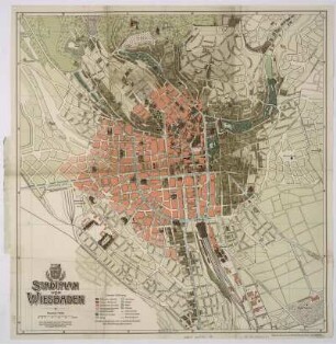 Stadtplan von Wiesbaden, 1:10 000, um 1896 : Stadtplan von Wiesbaden. - 1:10 000. - Wiesbaden : Petmecky , [1896]. - 1 Kt. : mehrfarb. ; 45 x 47 cm