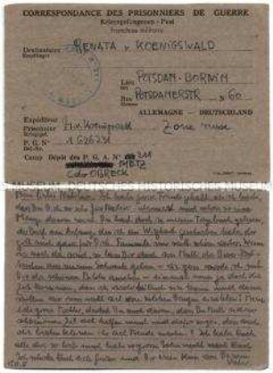 Vordruck-Postkarte von Harald von Koenigswald aus dem Kriegsgefangenenlager Metz an seine Tochter Renata - Familienkonvolut