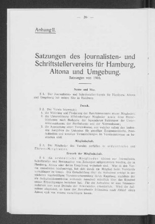 Anhang II. Satzung des Journalisten- und Schriftstellervereins für Hamburg, Altona und Umgebung.
