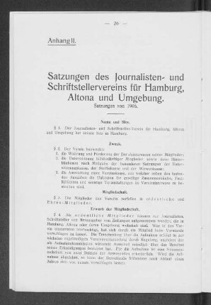 Anhang II. Satzung des Journalisten- und Schriftstellervereins für Hamburg, Altona und Umgebung.