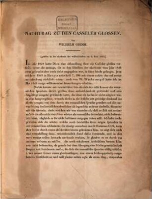 Nachtrag zu den Casseler Glossen : (gelesen in der Akademie der Wissenschaften am 6ten Juni 1853)