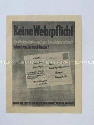Propagandaflugblatt des Bundes der Deutschen zur Wehrdienstplicht