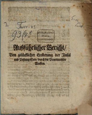 Ausführlicher Bericht von Eroberung d. Insul Scio d. d. Venet.
