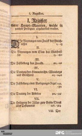 I. Register derer Haupt-Materien, welche in gantzen Predigten abgehandelt werden.