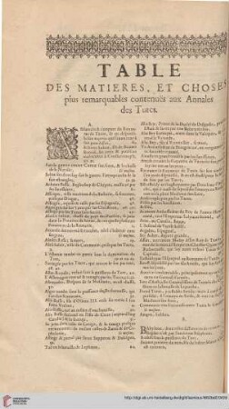 Table des matières, et choses plus remarquables conenués aux Annales des Turcs
