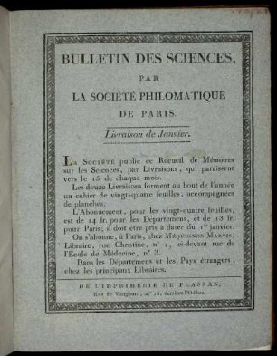 Bulletin Des Sciences, Par La Société Philomatique De Paris. Livraison de Janvier.