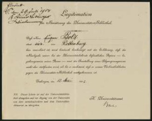 Legitimation für Benützung der Universitäts-Bibliothek (29. Juli 1904)