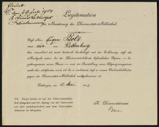 Legitimation für Benützung der Universitäts-Bibliothek (29. Juli 1904)