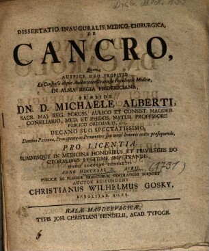 Dissertatio Inauguralis Medico-Chirurgica, De Cancro